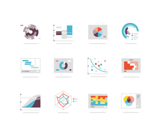 Flat charts and graph icon series Flat icons including radar chart, pie chart, scatter chart, venn diagram etc. complex line graph stock illustrations