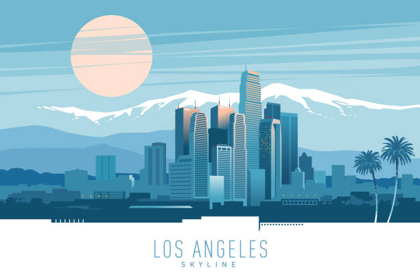 Los Angeles skyline. Stylish vector illustration of Los Angeles skyline at sunset. financial district stock illustrations