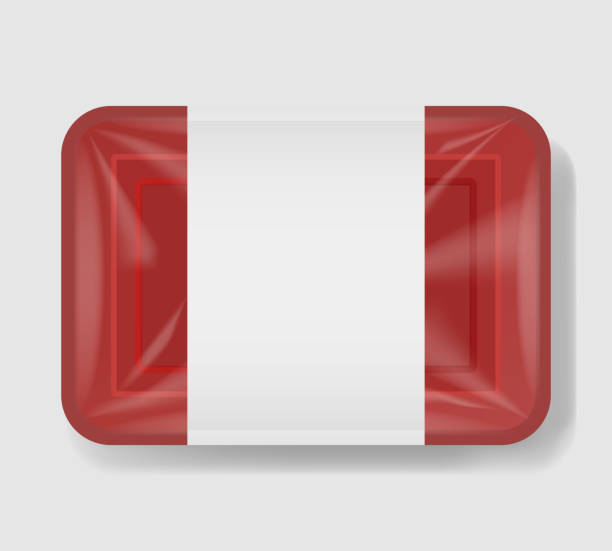 istock Plastic tray container with cellophane cover. Mockup template for your design. Plastic food container with clear white label template. Vector illustration. 1094210576