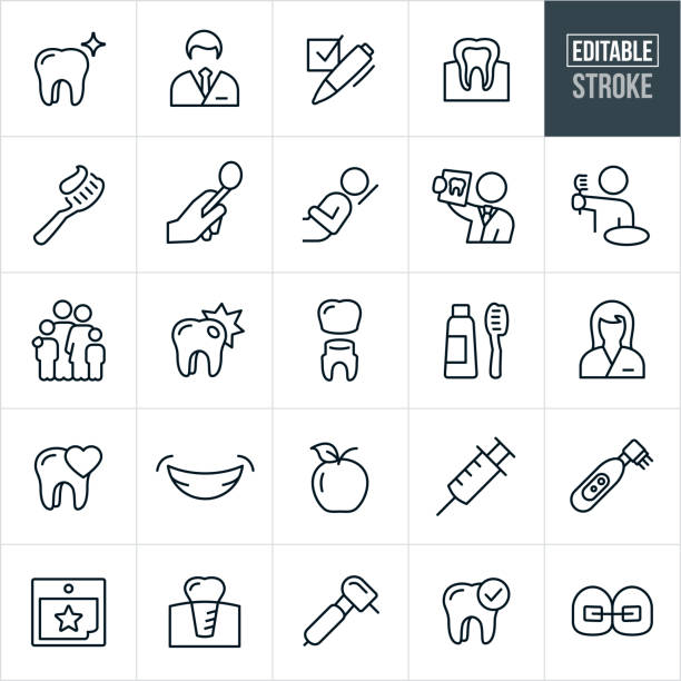 Dental Line Icons - Editable Stroke A set of dental icons in outline format. The EPS vector file provided editable strokes or outlines. The icons include dentists, dental assistant, female, male, tooth, check-up, dental exam, dental chair, x-ray, toothbrush, family, cavity, tooth crown, smile, syringe, electric toothbrush, calendar, appointment, dental implant, dental tools and braces to name a few. dental drill stock illustrations