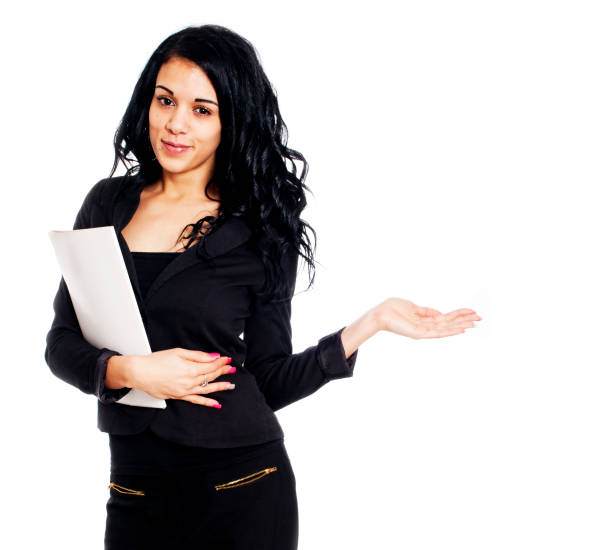 Business woman presenting a product stock photo