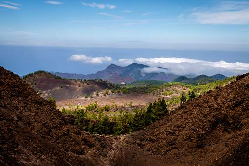 Teno mountains with La Palma visible in the background, viewed from Montaña Samara, El Teide National Park, Tenerife, Canary Islands, Spain.