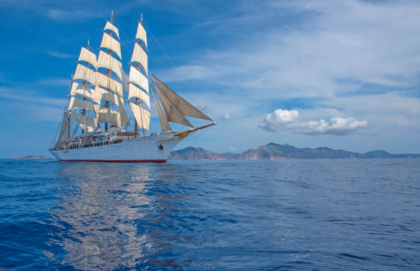 Four Mast Windjammer in the Cyclades stock photo