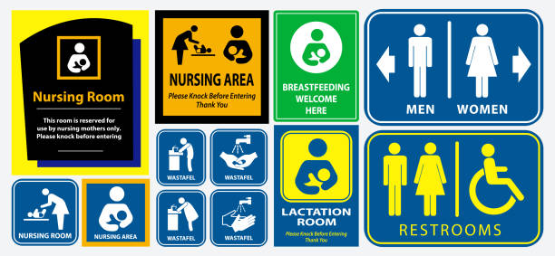 ilustrações de stock, clip art, desenhos animados e ícones de set of restroom, nursing room, lactation room placard sign - desperdício alimentar