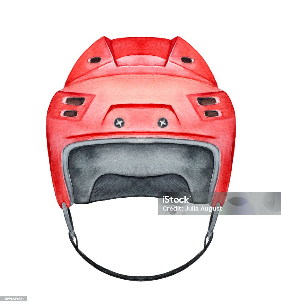 Hockey helmet watercolour drawing, classic protective gear. One single object, red colored with black strap, front view. Handdrawn water color graphic painting, cut out clip art element for design. Ice Hockey Helmet stock illustration