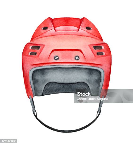 Hockey Helmet Watercolour Drawing Classic Protective Gear One Single Object Red Colored With Black Strap Front View Stock Illustration - Download Image Now