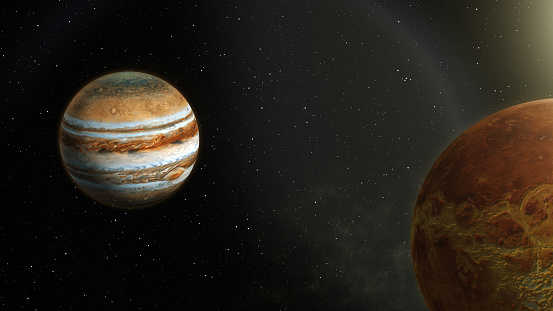 Venus and Jupiter are exceptionally close to each other. 3D illustrated scene created and modelled in Adobe After Effects and the planet textures are taken from Solar System Scope official website (https://www.solarsystemscope.com/textures/)