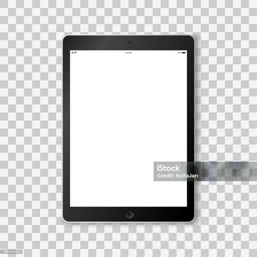 Hermoso vector realista de un moderno tablet color negro sobre fondo transparente con la plantilla de la pantalla en blanco que muestra tiempo, duración de la batería, wifi y una señal móvil. - arte vectorial de Tableta digital libre de derechos