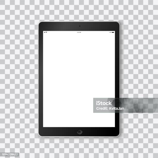 Ilustración de Hermoso Vector Realista De Un Moderno Tablet Color Negro Sobre Fondo Transparente Con La Plantilla De La Pantalla En Blanco Que Muestra Tiempo Duración De La Batería Wifi Y Una Señal Móvil y más Vectores Libres de Derechos de Tableta digital