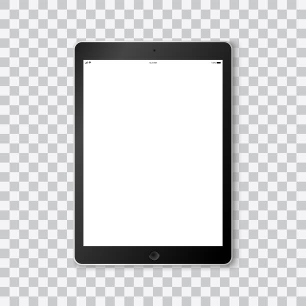 아름 다운 흰색 화면 템플릿 시간, 배터리 수명, wifi 및 모바일 신호를 보여주는 투명 한 배경에 현대 검은 색된 태블릿의 현실적인 벡터입니다. - 태블릿 이미지 stock illustrations