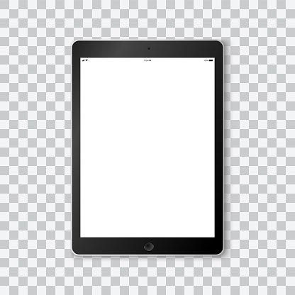 Beautiful realistic vector of a modern black colored tablet on transparent background with white screen template showing time, battery life, wifi and a mobile signal.