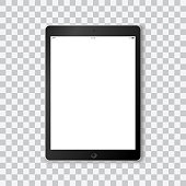 istock Beautiful realistic vector of a modern black colored tablet on transparent background with white screen template showing time, battery life, wifi and a mobile signal. 1094239422