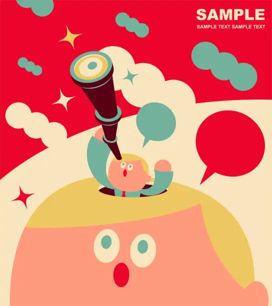 Vector illustration of Cute office worker from big head looking up at the sky with Hand-Held Telescope