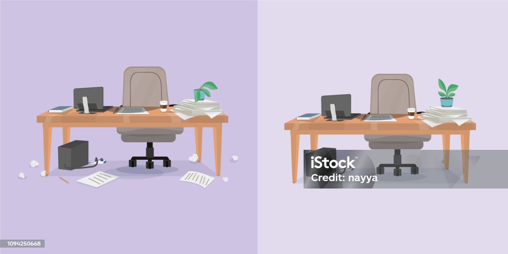 office working place and cleaning illustration of office working place and mess around before and after cleaning. Vector illustration. Isolated objects. Desk stock vector