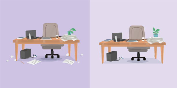 office working place and cleaning illustration of office working place and mess around before and after cleaning. Vector illustration. Isolated objects. cluttered stock illustrations