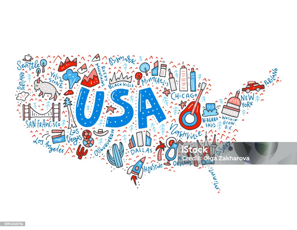 USA Map Vector Map of United States in cartoon style. Travel USA concept. USA stock vector