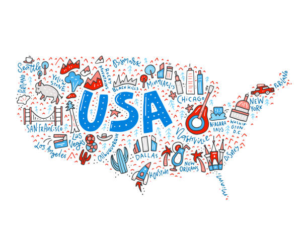 USA Map Vector Map of United States in cartoon style. Travel USA concept. famous american landmark drawing stock illustrations
