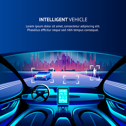 Intelligent Vehicle Cockpit Cityscape View. Vector Illustration of Autonomus Smart Car. Driverless Automobile with Intelligent Innovation GPS Traffic radar System. Security Driverless Technology.