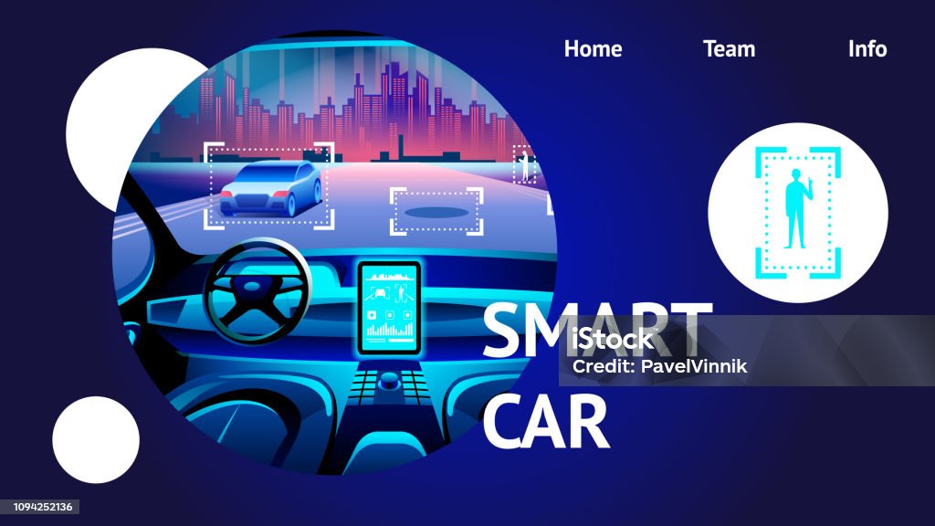 Smart Car Cockpit Interior. Vector Illustration. Smart Car Interior. Vector Illustration of Artificial Intelligence Driverless Safety System with HUD Interface. Futuristic Automobile Cockpit wit GPS highway Transport Display Control. Concept Car stock vector