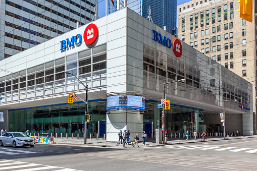Toronto, Ontario, Canada - May 5th, 2018: BMO (Bank of Montreal) office building of main branch in Toronto’s financial district Toronto, Ontario.