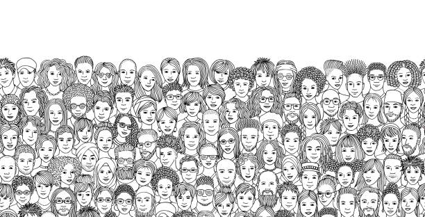 Seamless banner with a diverse crowd of people Hand drawn faces of various ethnicities crowd of people patterns stock illustrations