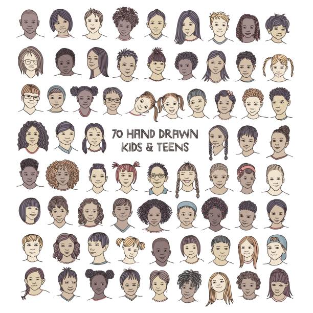 Set of seventy hand drawn children's faces Colorful and diverse portraits of kids and teens of different ethnicities multicultural children stock illustrations