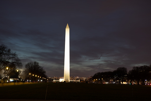 View of Washington Monument from National Mall right after the sunset