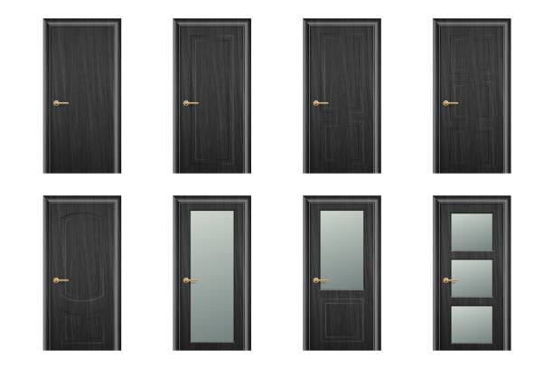 istock Vector Realistic Different Closed Black Wooden Door Icon Set Closeup Isolated on White Background. Elements of Architecture. Design template of Classic Home Door for Graphics, Clipart. Front View 1094264038