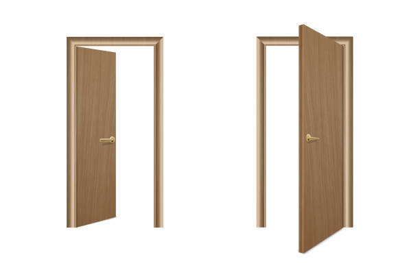 istock Vector Realistic Different Opened and Closed Brown Wooden Door Icon Set Closeup Isolated on White Background. Elements of Architecture. Design template of Classic Home Door for Graphics. Front View 1094264040