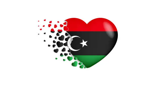 Vector illustration of National flag of Libya in heart illustration. With love to Libya country. The national flag of Libya fly out small hearts