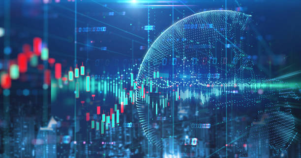 immagine a doppia esposizione del grafico degli investimenti in borsa e della scena dello skyline della città. - stock market finance investment stock ticker board foto e immagini stock