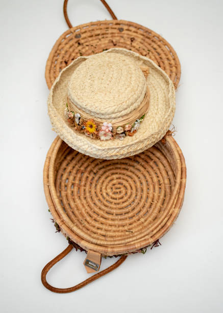 istock Straw Floral Hat in Handmade Woven Basket 1094281034