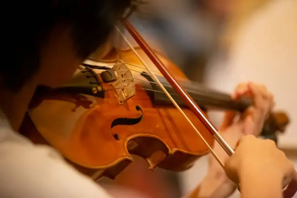 Closeup of the musician's hand is playing a violin in an orchestra.