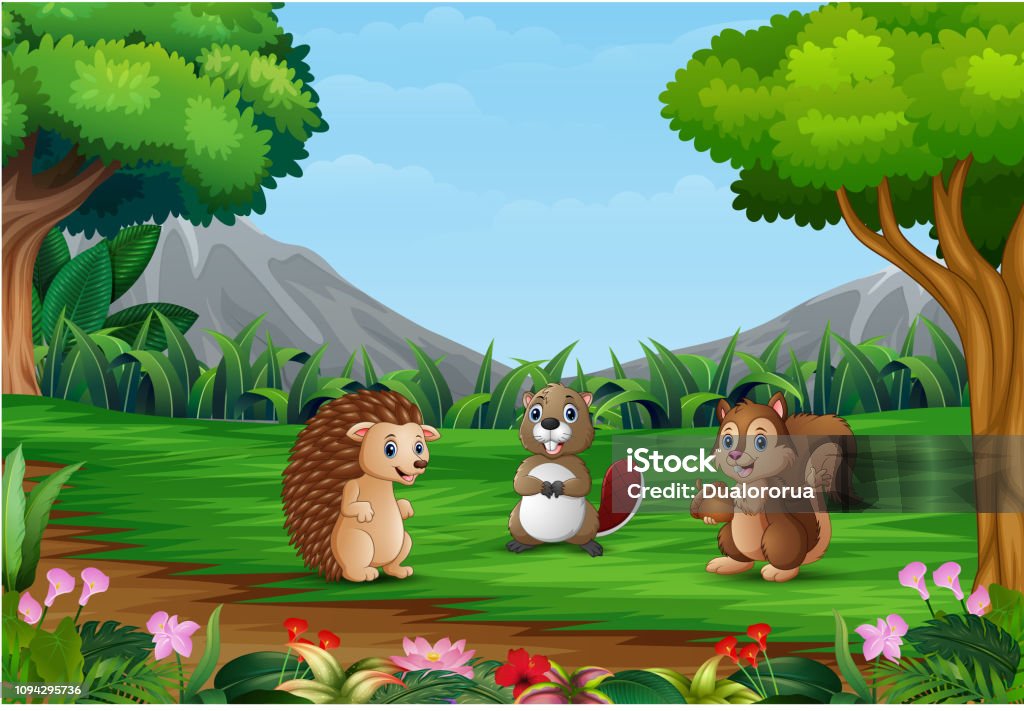 Happy Small Animals Are Playing In A Beautiful Landscape Stock Illustration  - Download Image Now - iStock