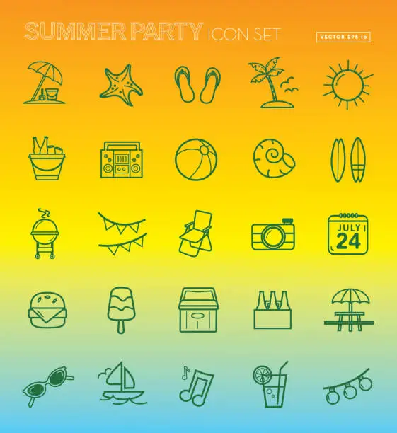 Vector illustration of Summer party season Flat Simple outline Design Icon set