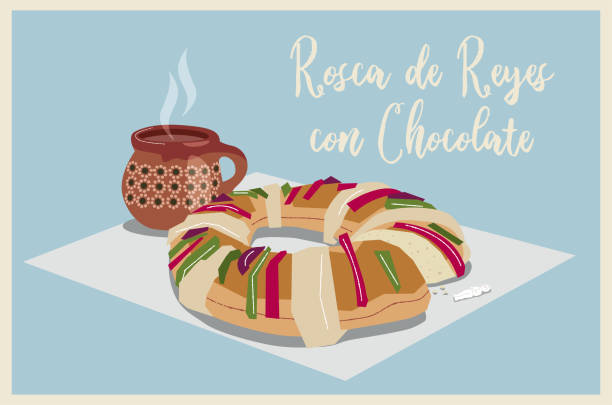 Rosca de Reyes Mexico Traditional Rosca de Reyes in Mexico, bread that is eaten with hot chocolate and says the tradition that if a child leaves, you will invite tamales on Candlemas Day (February 2nd). tamales stock illustrations