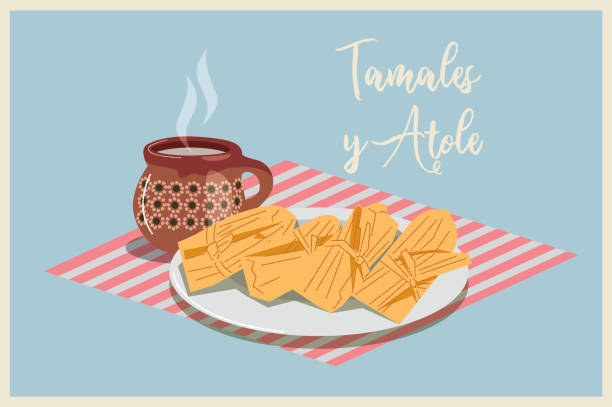 Tamales Tamal (from Nahuatl Tamalli) is a food of Mesoamerican origin prepared generally with a corn dough filled with meats, vegetables, chiles, fruits, sauces and other ingredients. They are wrapped in vegetable leaves such as corn cob or banana, bijao, maguey, avocado, canak, among others, and even aluminum or plastic paper, and cooked in water or steam.
They can have a sweet or salty flavor.

https://es.wikipedia.org/wiki/Tamal tamales stock illustrations