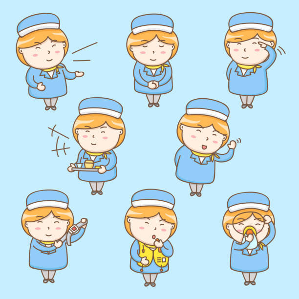 Design elements vector of cute air hostess cartoon character in duties on flight operation. Cabin crew, Flight attendant, Aircrew. Design elements vector of cute air hostess cartoon character in duties on flight operation. Cabin crew, Flight attendant, Aircrew. oxygen mask plane stock illustrations