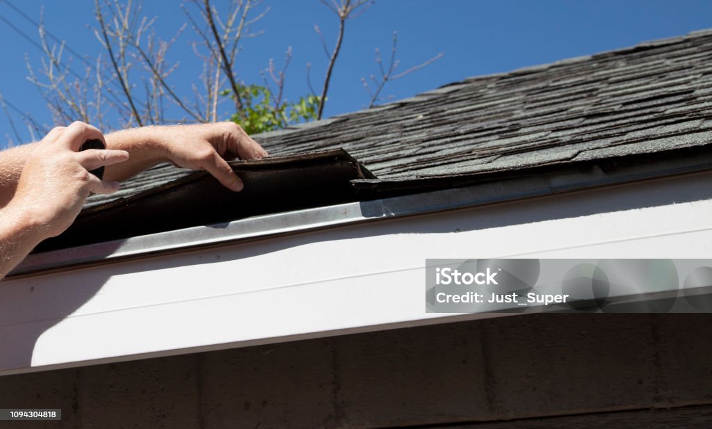 Roof Shingle Inspection Roofing Shingle Inspection Rooftop Stock Photo