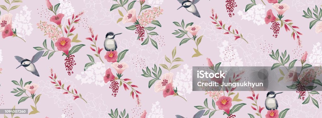 Vectorillustratie van een prachtig bloemmotief met Lentebloemen en vogels. - Royalty-free Print vectorkunst