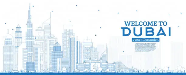 Vector illustration of Outline Welcome to Dubai UAE Skyline with Blue Buildings.