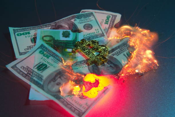 istock Bitcoin crash,decline and burning.Security problem. Crypto currency bear market or depression concept.Crisis on crypto currency investment trading metaphor.BTC bubble explosion 1094309092