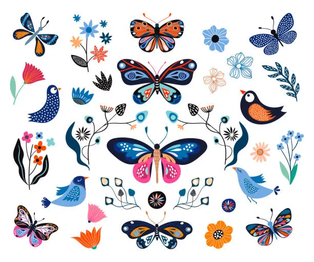 Vector illustration of Butterflies, birds and flowers, hand drawn collection