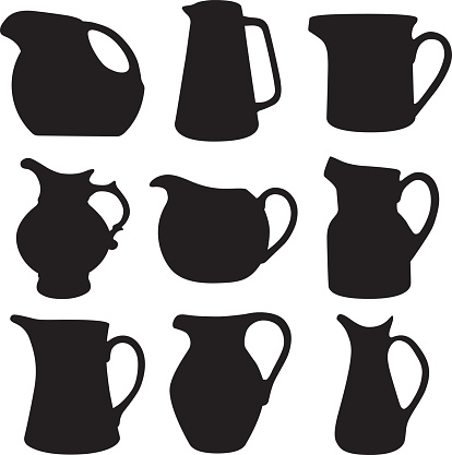 Vector silhouettes of nine water pitchers.