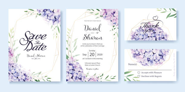 Wedding Invitation, save the date, thank you, RSVP card Design template. hydrangea flowers, olive leaves. Watercolor style. Wedding Invitation, save the date, thank you, RSVP card Design template. Vector. hydrangea flowers, olive leaves. Watercolor style. thank-you-gold-greeting-card stock illustrations