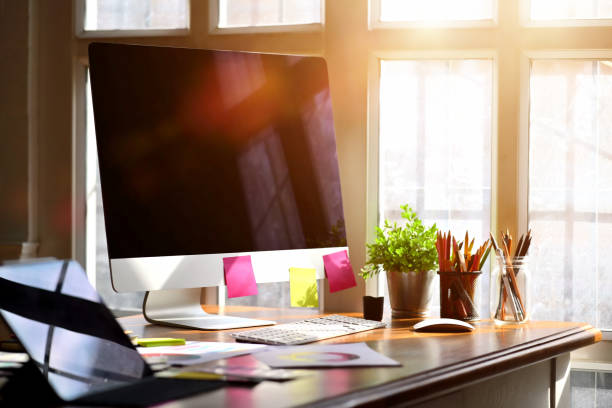 istock Creative designer workspace and artist supplies on desk in studio 1094327510
