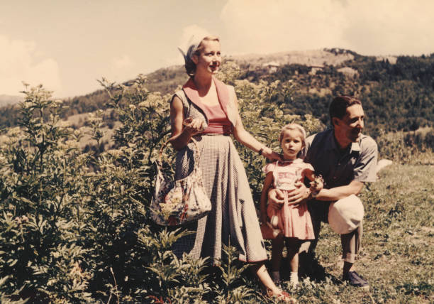 happy family on vacation in mountain,1952 dolomites alps - feriado fotos imagens e fotografias de stock