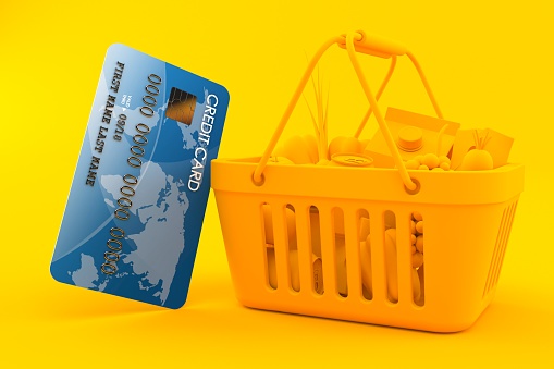 Grocery background with credit card in orange color. 3d illustration