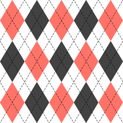 Argyle plaid. Living Coral argyle. Scottish pattern in white, grey and red rhombuses. Scottish cage. Traditional scottish background of diamonds. Seamless fabric texture. Vector illustration