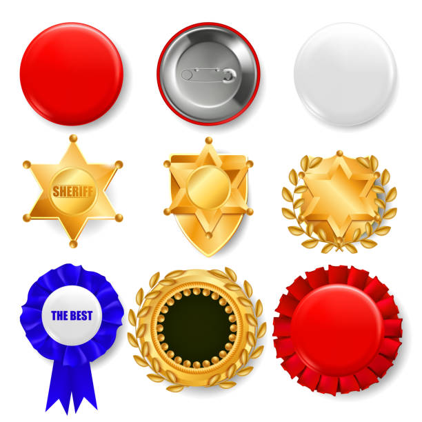 istock Badge Set Vector. Plastic And Golden Empty Button. Sale Symbol. Best Quality Product Emblem. Hexagonal. Sheriff, Pin Brooch, Retro, Vintage, Police, Sale Classic Premium Badge Illustration 1094341322